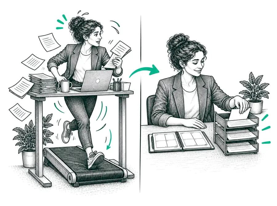 Before, a recruiter runs on a treadmill; after, she works calmly at her desk