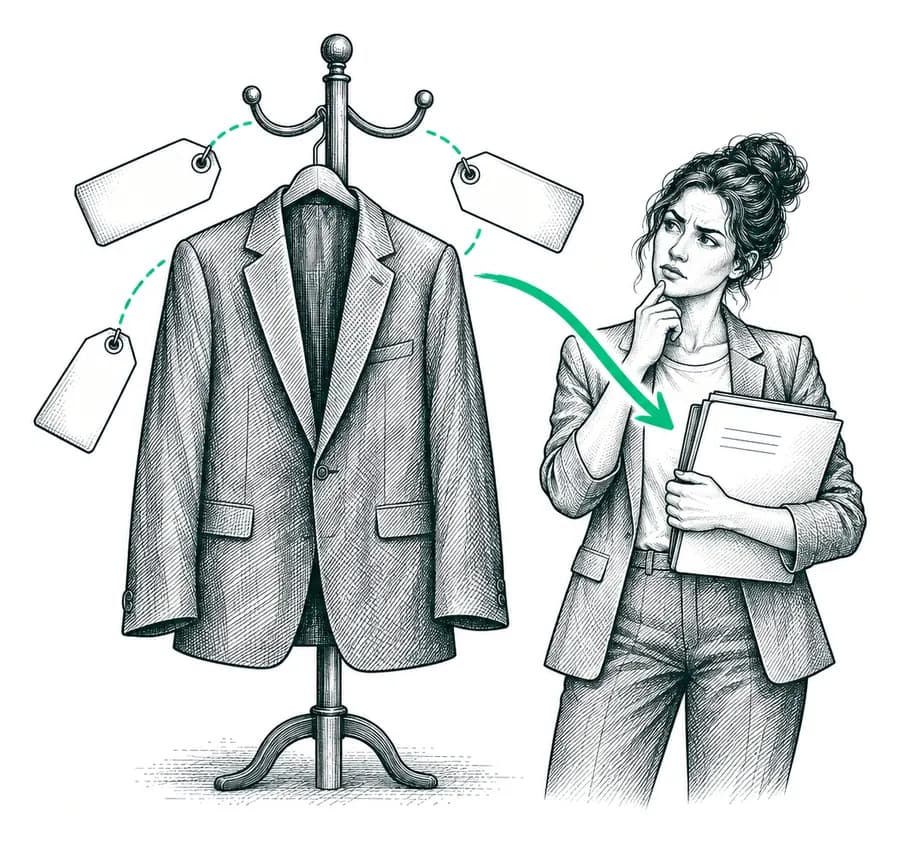 A recruiter looks at a jacket on a hanger covered with price tags