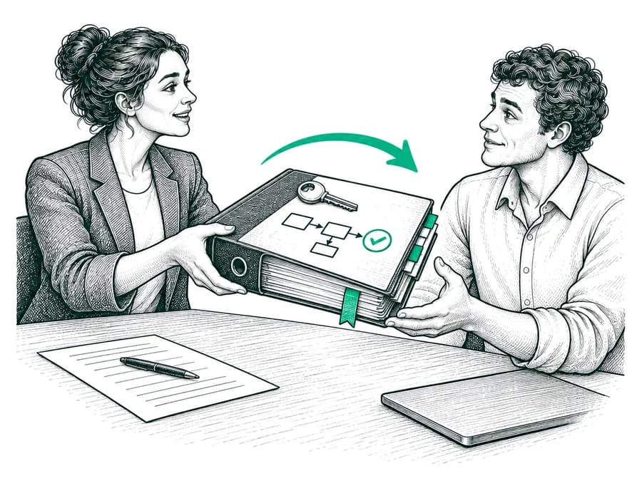 A recruiter hands a candidate’s file to a manager