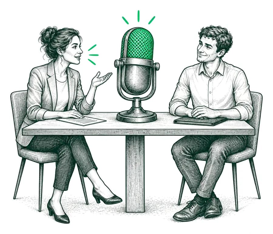 A recruiter and a candidate in an interview around a microphone