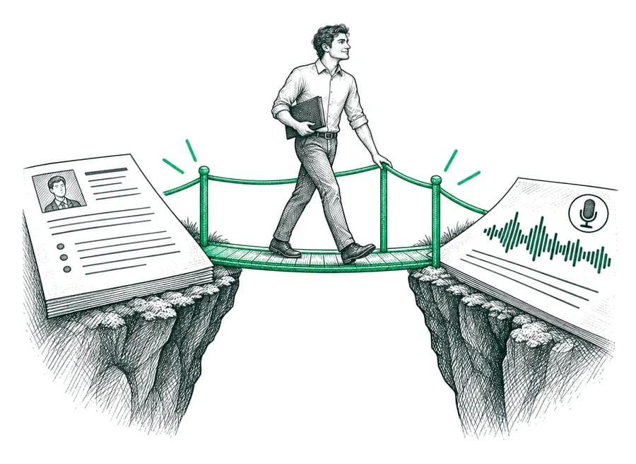 A man crosses a bridge linking a resume to the sound wave of an interview