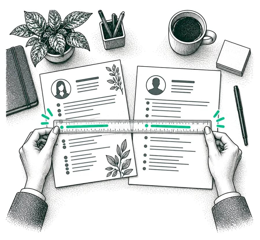 Two hands lay the same ruler across two resumes