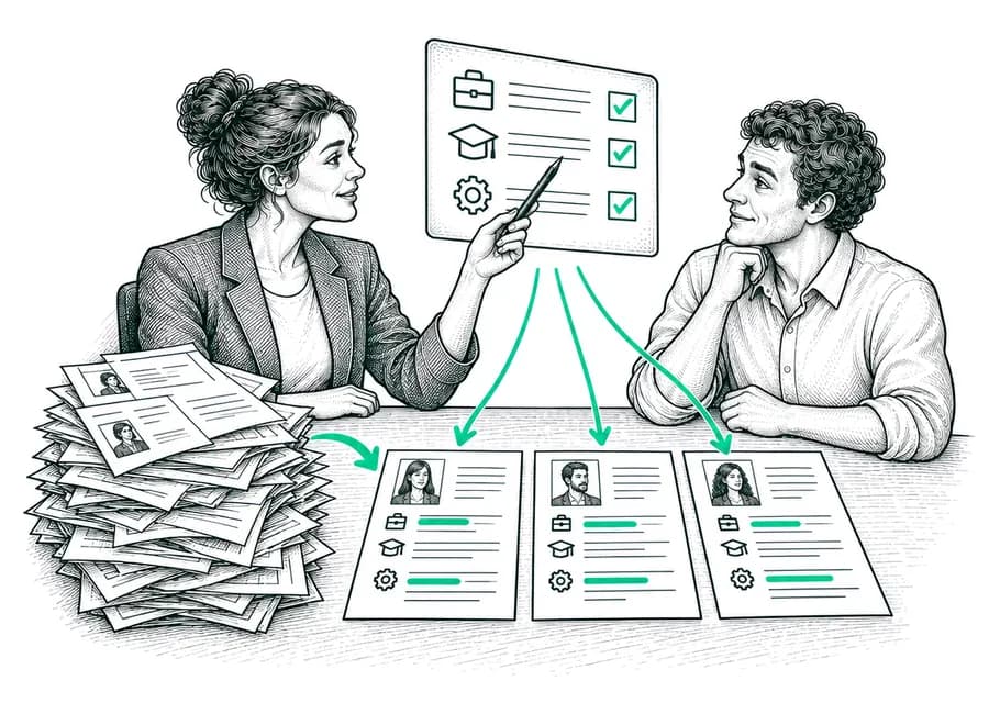 A recruiter points at a list of criteria: the pile of resumes becomes three shortlisted candidates